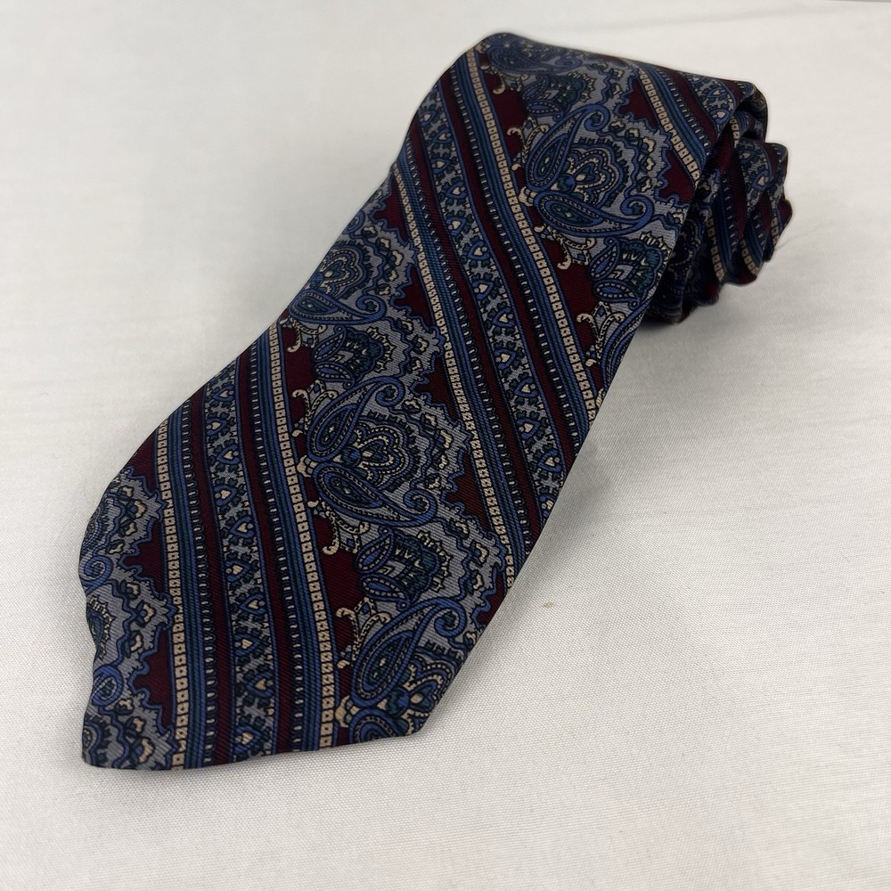 Vintage Brittany House London Silk Tie Blue Burgundy Paisley Stripe Mens Necktie